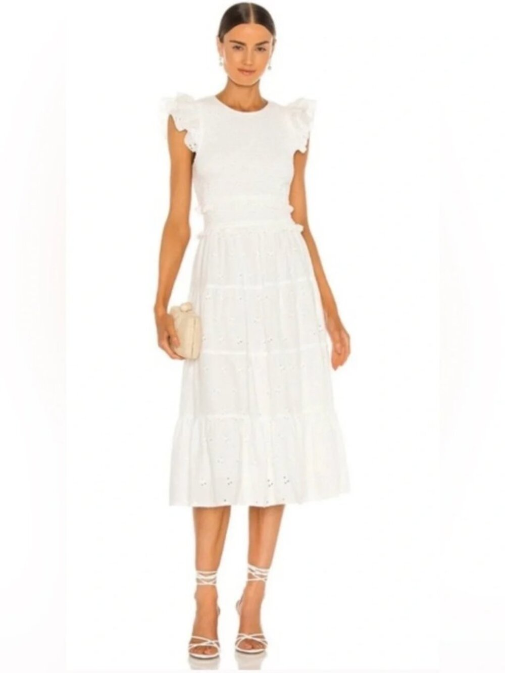 Cleobella Emmy Midi Dress 100% Cotton Ruffle Tiered Eyelet Smocked White Small